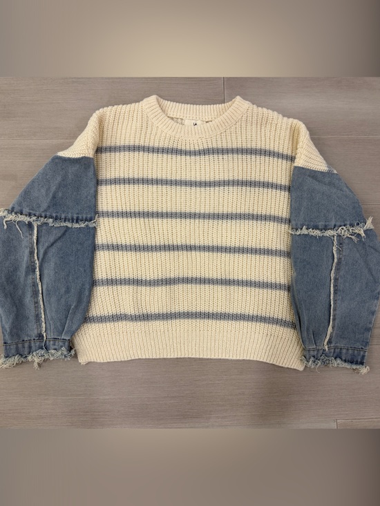 Urban Daizy Sweaters - Urban Daizy - Women’s Cream Stripe Sweater with Denim Sleeves - Size S/M